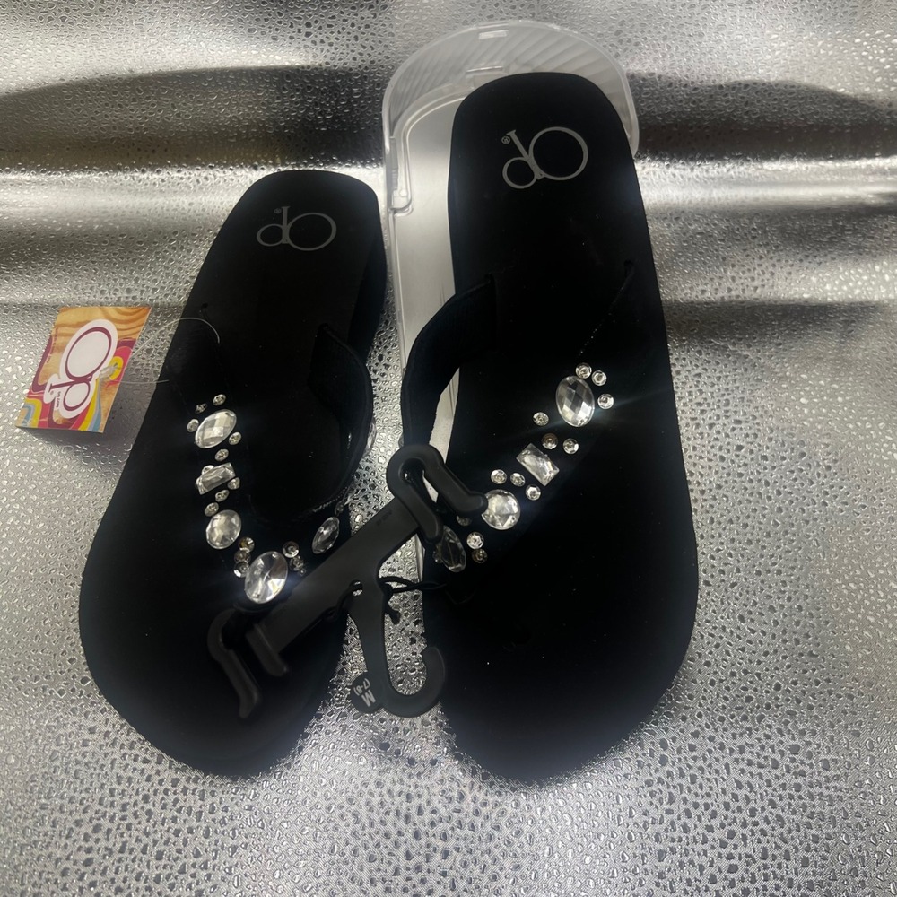 OP Liviana Women Black Wedge Flip Flops Rhinestone Embellished Sandals Size 7-8